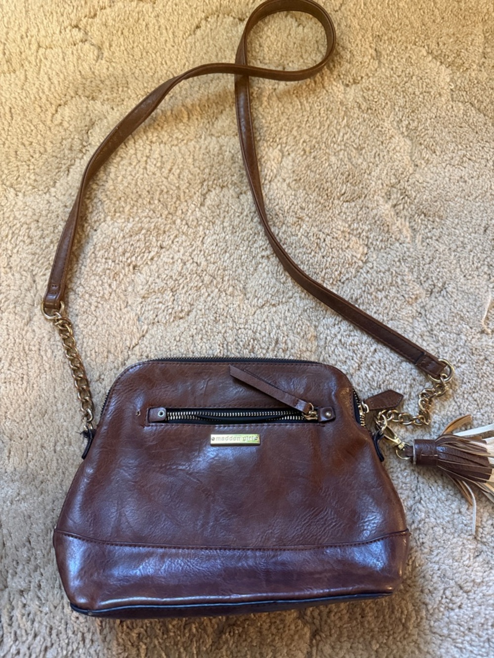 Madden Girl Brown Faux-Leather Crossbody with Tassel & Chain Strap